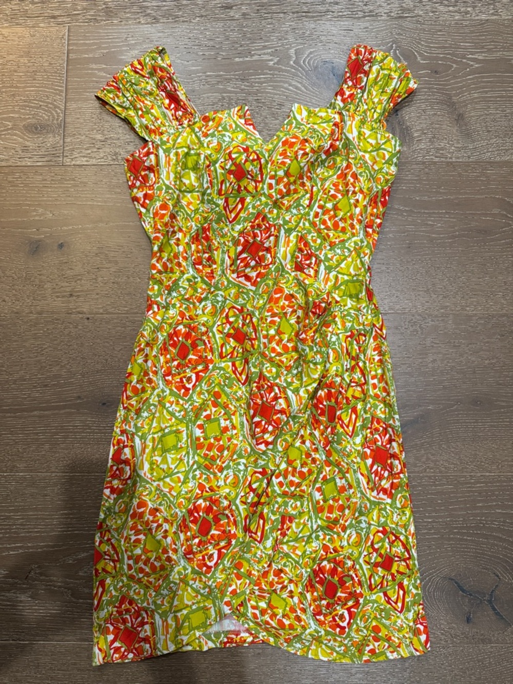 La Belle Vintage Retro Print Midi Dress Orange Green Draped Summer Dress size 7 - Picture 4 of 7